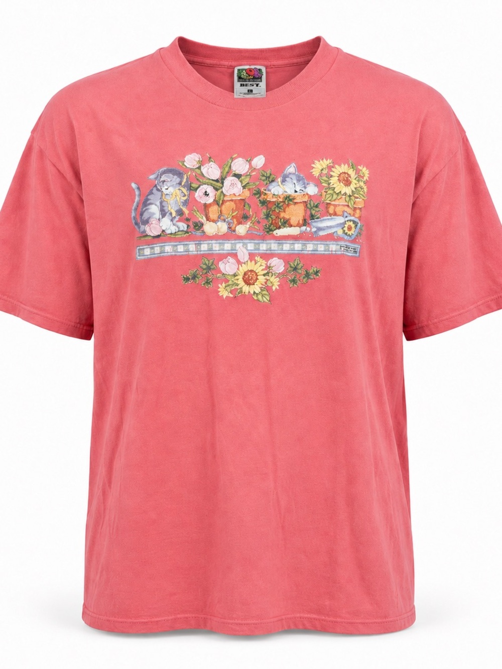 Vintage 2000 Joan Elliott Cat Garden Floral T-Shirt Pink Fruit Loom L
